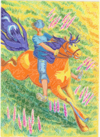 Woman Riding Horse On Green Field