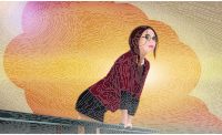 Woman Leaning Over Railing Portrait Trace 2