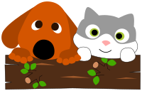 A dog and a cat behind a tree trunk