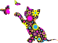 Floral Kitten Playing With Butterflies Silhouette