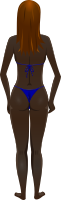 Young lady (dark skin, blue bikini, brown hair)