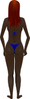 Young lady (dark skin, blue bikini, red hair)