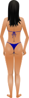 Young lady (light skin, blue bikini, black hair)