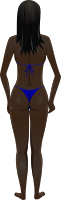 Young lady (dark skin, blue bikini, black hair)