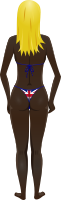 Young lady (dark skin, flag bikini, blonde hair)