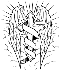 Radiant Cross With Wings In The Clouds Line Art