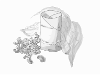 Brown paper tube, pasta and plastic wrap