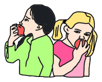 Girls are eating apples.