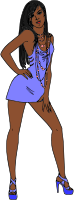 Woman in short blue dress (black hair, dark skin)