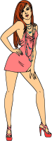 Woman in short pink dress (red hair, light skin)