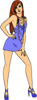Woman in short blue dress (red hair, light skin)
