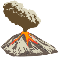 Erupting volcano with ash plume and lava flow