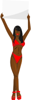 Girl with sign (red bikini, black hair, dark skin)