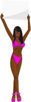 Girl with sign (pink bikini, black hair, dark skin)