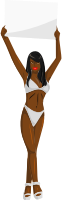 Girl with sign (white bikini, black hair, dark skin)
