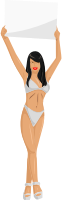 Girl with sign (white bikini, black hair, light skin)