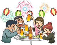Beer garden / party with fireworks and lanterns