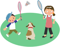 Mother plays badminton with son and dog