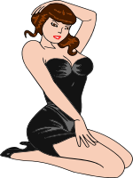 Woman kneeling (light skin, black dress, brown hair)
