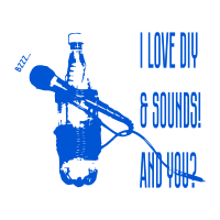 Microphone on tripod from plastic bottle with phrase "I love DIY & sounds! And you"?