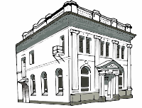 A drawing of a bank building