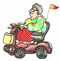 A cartoon of a lady on a Mobility Scooter
