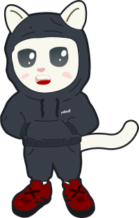 White cat wearing black tracksuit