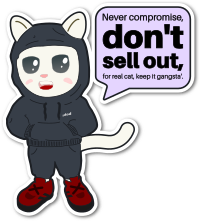White cat in Black tracksuit telling you not to sell out