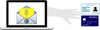Hand coming out of an envelope displayed on a laptop screen to steal ID and bank cards