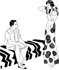 Man on bed, standing woman