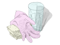 Sponges, Plastic Glove and a Glass