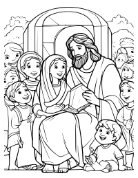 Coloring Page "Allow the children" with Jesus (A.I. source)