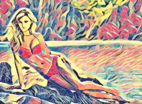 woman sunbathing by river abstract art