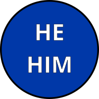 he him pronouns round dark blue badge 