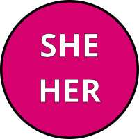 she her pronouns round pink badge 