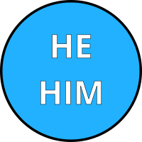 He / him male pronouns round bright blue badge