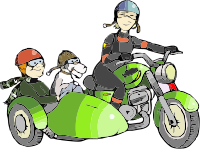 Green motorcycle and sidecar wacky races style 