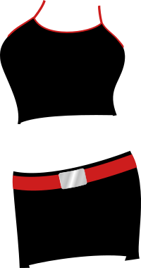 Black cropped top and lycra miniskirt with red belt