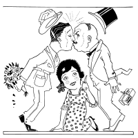 Two Men Kiss Above a Lady