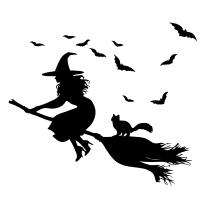 Witch and Cat on Broomstick Silhouette