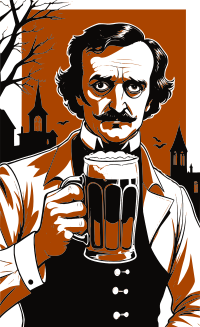Edgar Allan Poe holding a beer