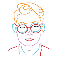 Colorful person with quiff and thick glasses