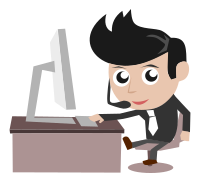 Call Center Guy Dark Shirt Black Stylish Hair in Front of PC Looking at You Viewer Simple Cartoon Comic Style