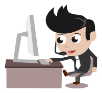 Call Center Guy Dark Shirt Black Stylish Hair Sitting and Talking in Front of PC Simple Cartoon Comic Style
