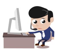 Call Center Guy Blue Shirt Black Hair Uncomfortable in Front of PC Simple Cartoon Comic Style