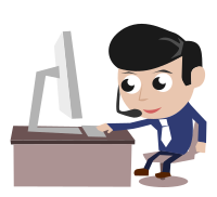 Call Center Guy Blue Shirt Black Hair Smiling Sitting in Front of PC Simple Cartoon Comic Style