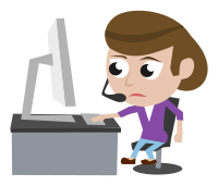 Call Center Lady Purple Shirt Brown Hair Sitting and Frowning and Moving Foot in Front of PC Simple Cartoon Comic Style