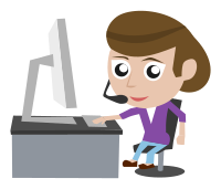 Call Center Lady Purple Shirt Brown Hair Sitting and Looking at Viewer in Front of PC Simple Cartoon Comic Style
