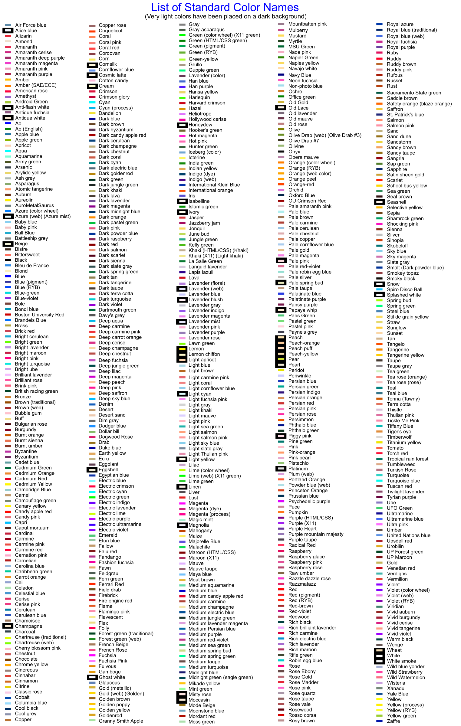 Clipart - Standard Color List