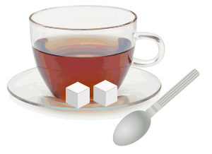 openclipart圖庫：Glass cup with glass saucer, spoon and sugar cubes